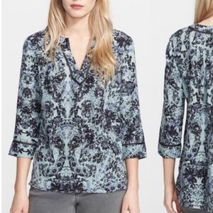 Rebecca Taylor blue Kiku floral split neck silk blouse top
